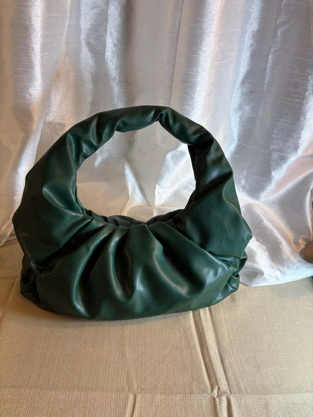 Ruched Faux Leather Hobo Shoulder Bag Dark Green